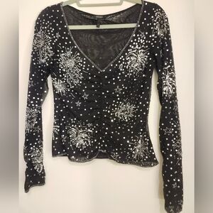Escada Sheer Black and Silver Firework Sequin Embellished Long Sleeve Top